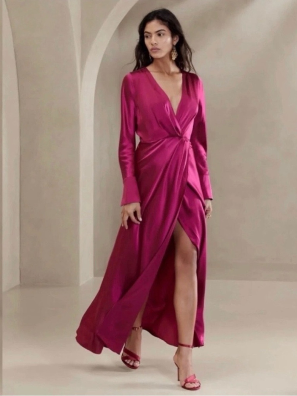 Banana Republic Fuchsia V-Neck Long Sleeve Maxi Dress